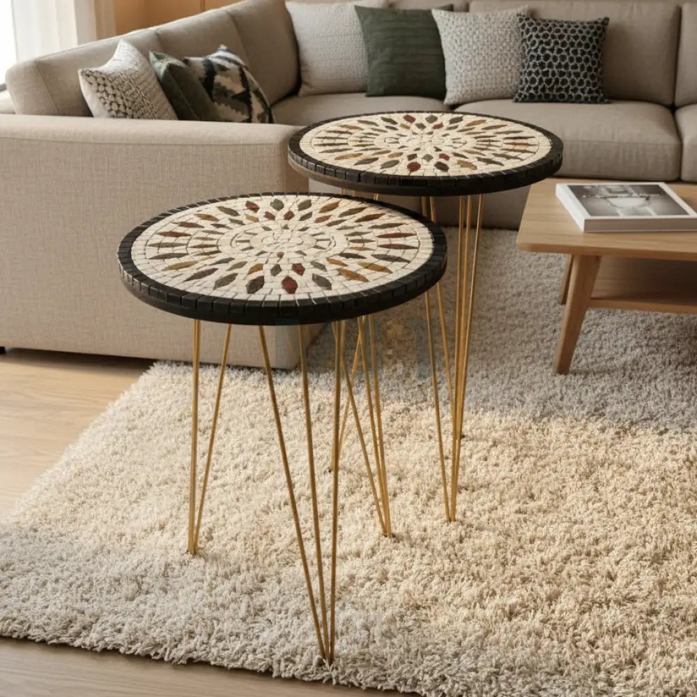 Lux Aurora Mosaic Nesting Tables with Cream Multi-Colours Motif