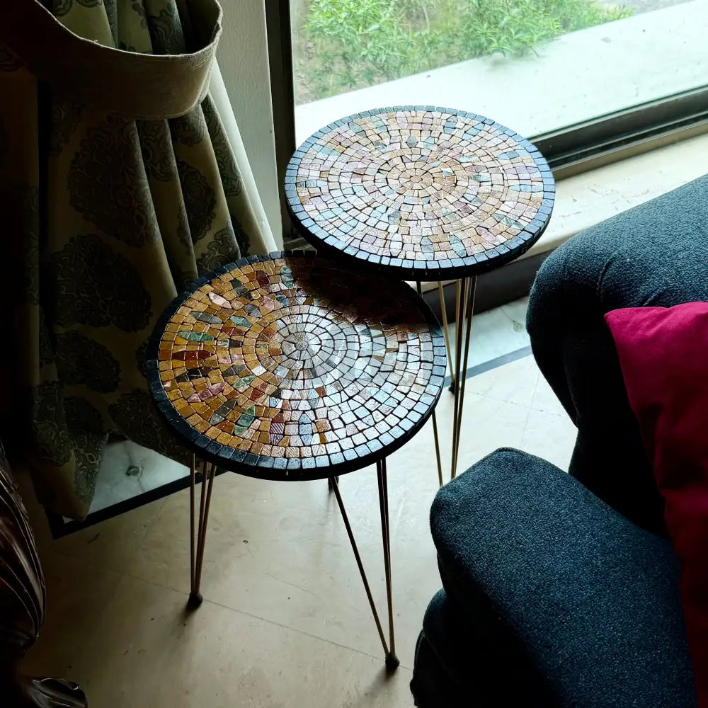 Lux Aurora Mosaic Nesting Tables with Gold Multi-Colours Motif