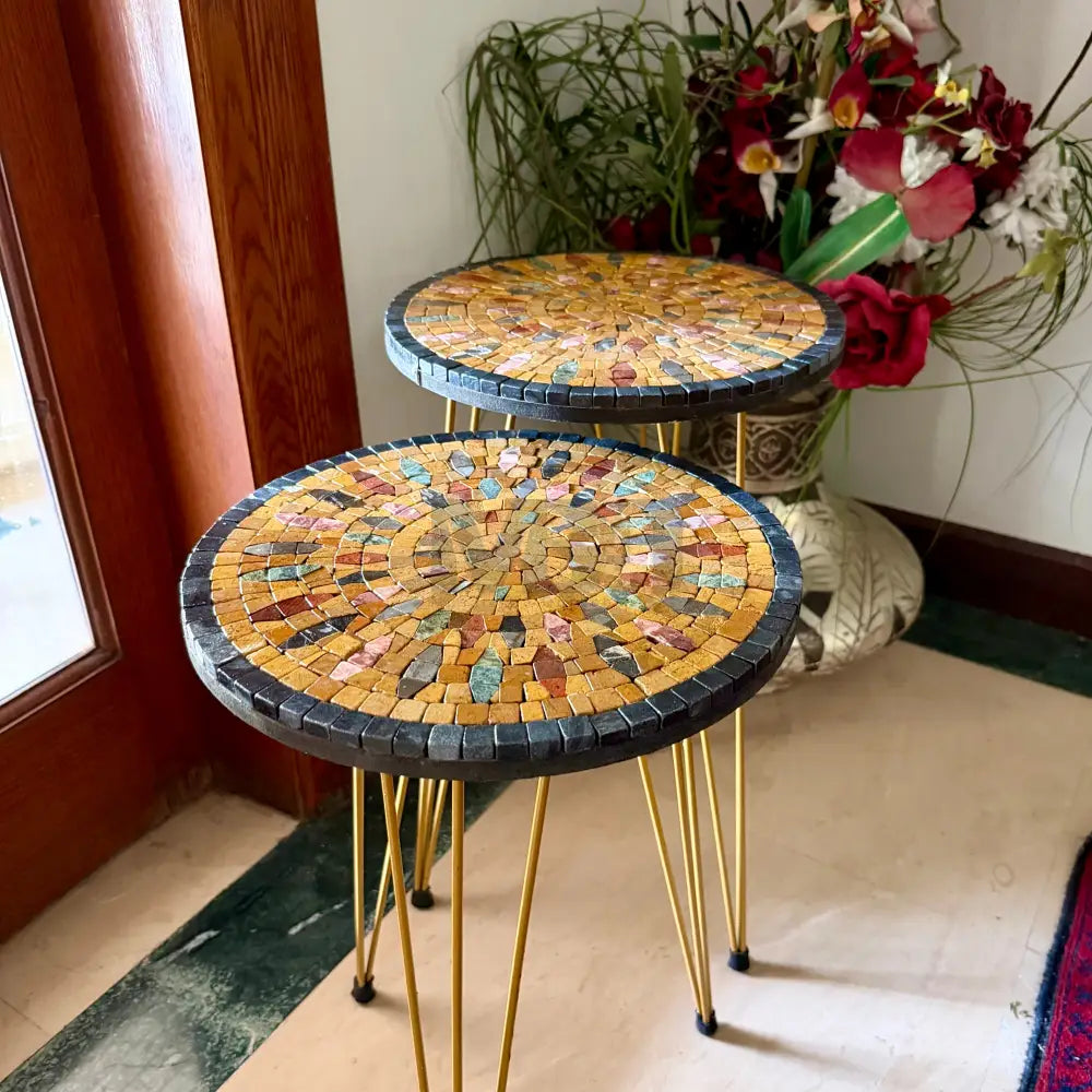 Lux Aurora Mosaic Nesting Tables with Gold Multi-Colours Motif