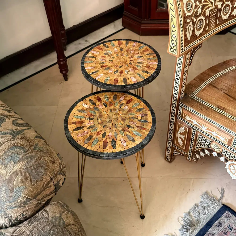 Lux Aurora Mosaic Nesting Tables with Gold Multi-Colours Motif