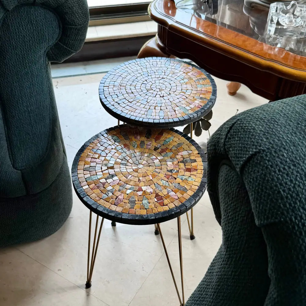 Lux Aurora Mosaic Nesting Tables with Gold Multi-Colours Motif