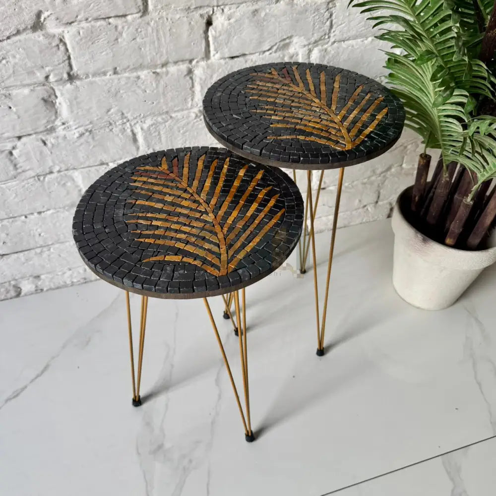 Lux Black Mosaic Nesting Tables with Brass Palm Motif