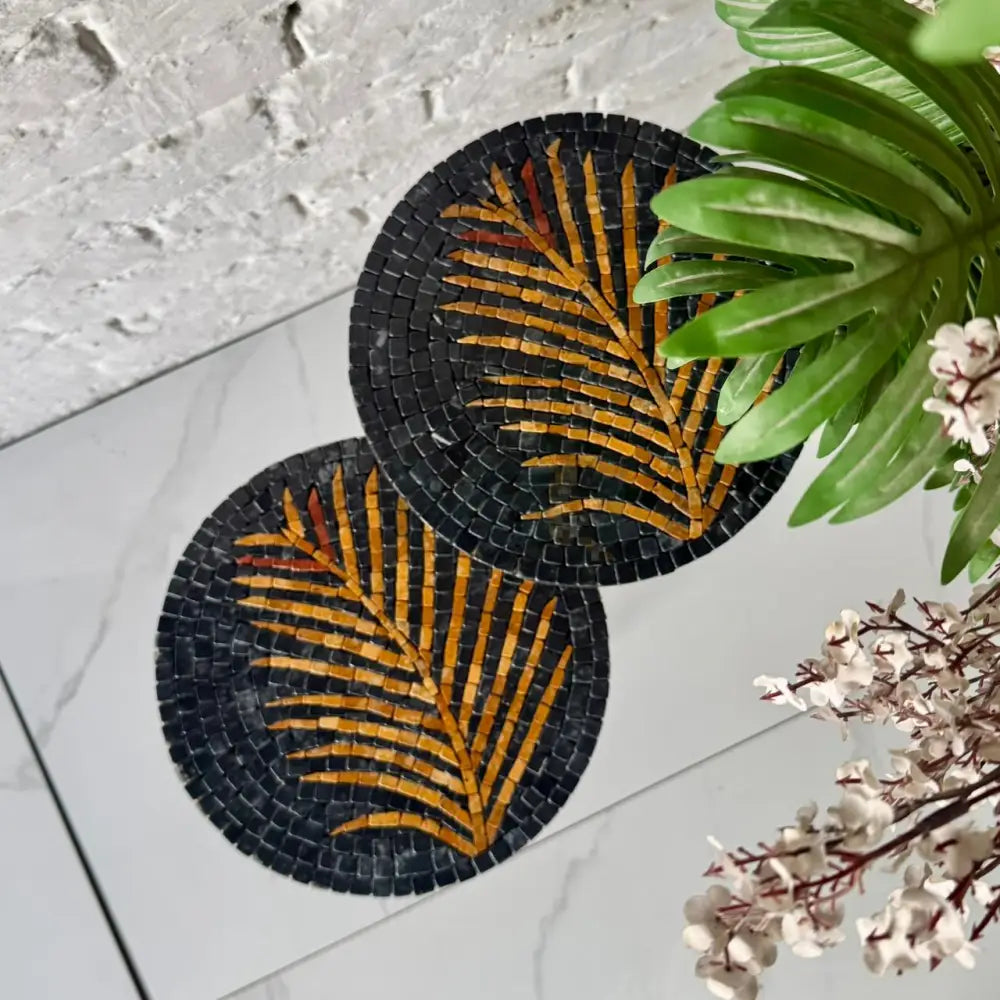 Lux Black Mosaic Nesting Tables with Brass Palm Motif
