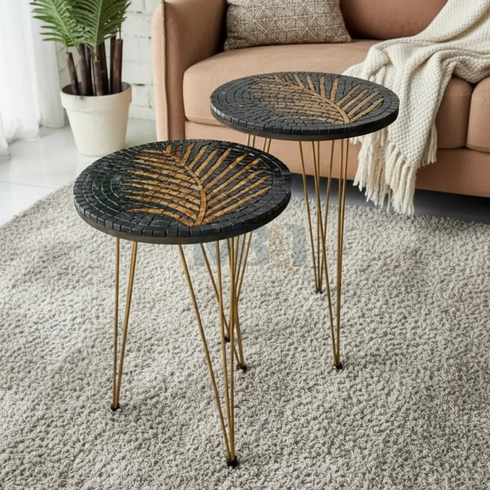 Lux Black Mosaic Nesting Tables with Brass Palm Motif
