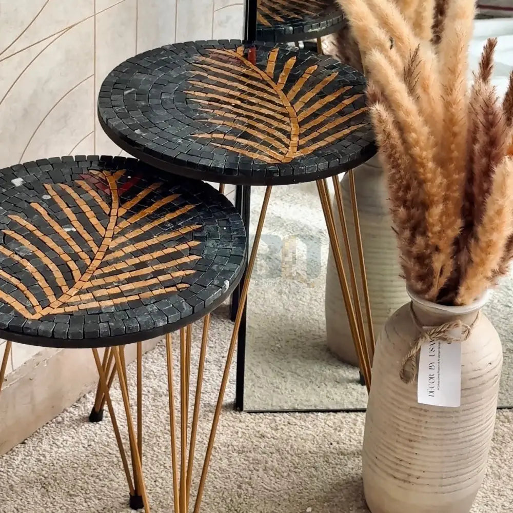 Lux Black Mosaic Nesting Tables with Brass Palm Motif