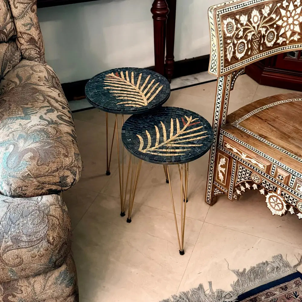 Lux Black Mosaic Nesting Tables with Brass Palm Motif