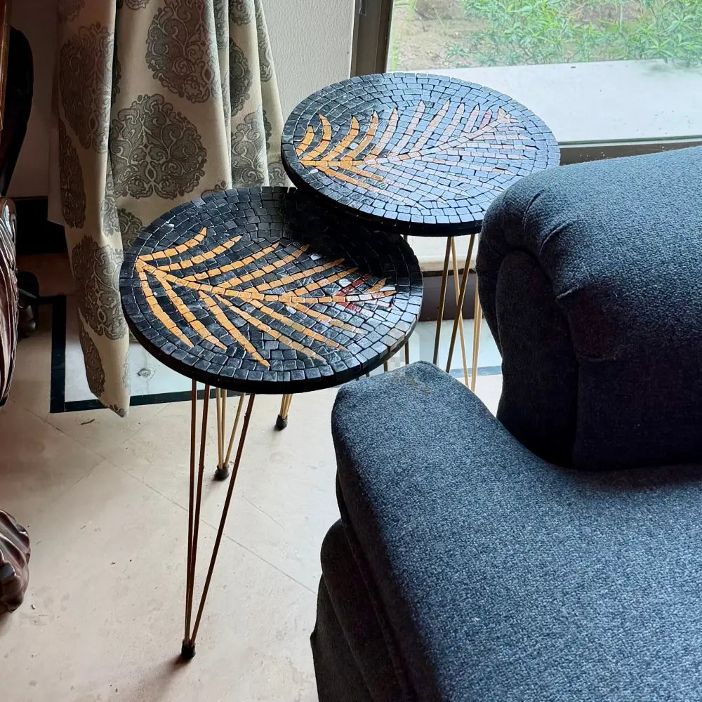 Lux Black Mosaic Nesting Tables with Brass Palm Motif