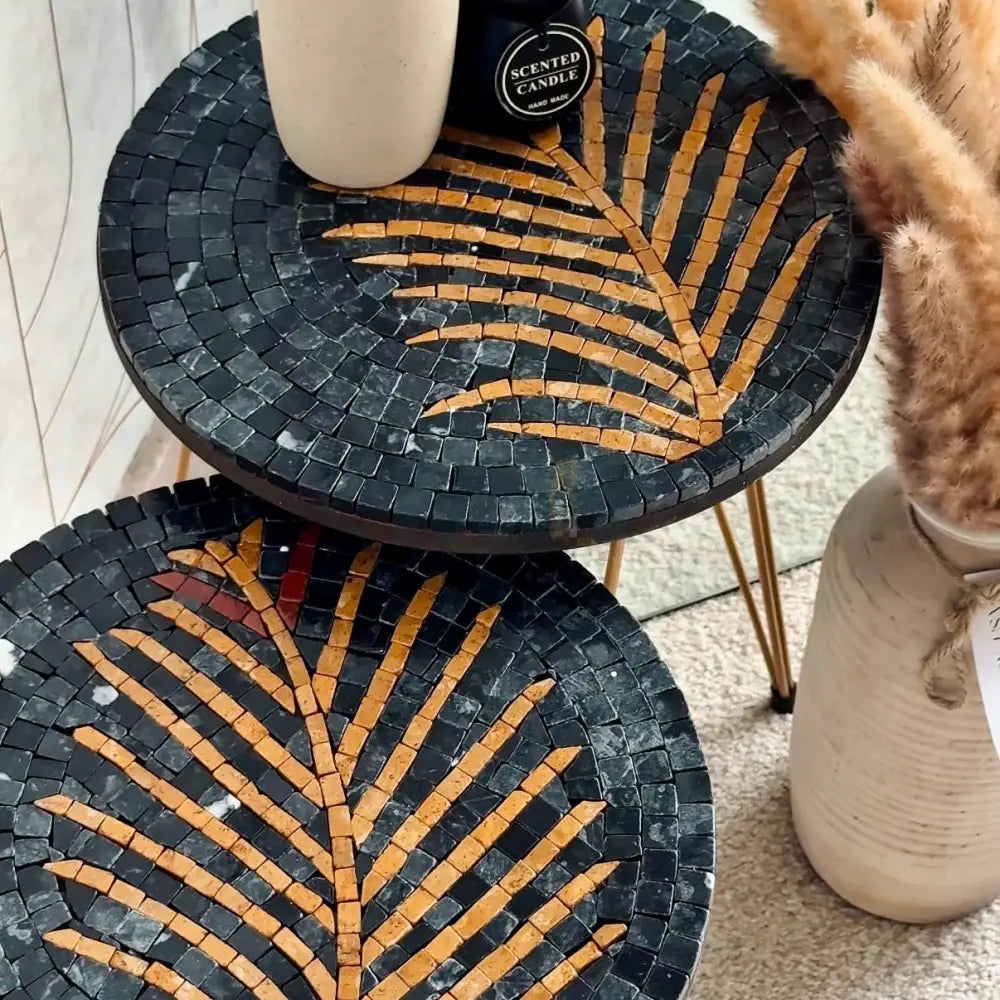 Lux Black Mosaic Nesting Tables with Brass Palm Motif