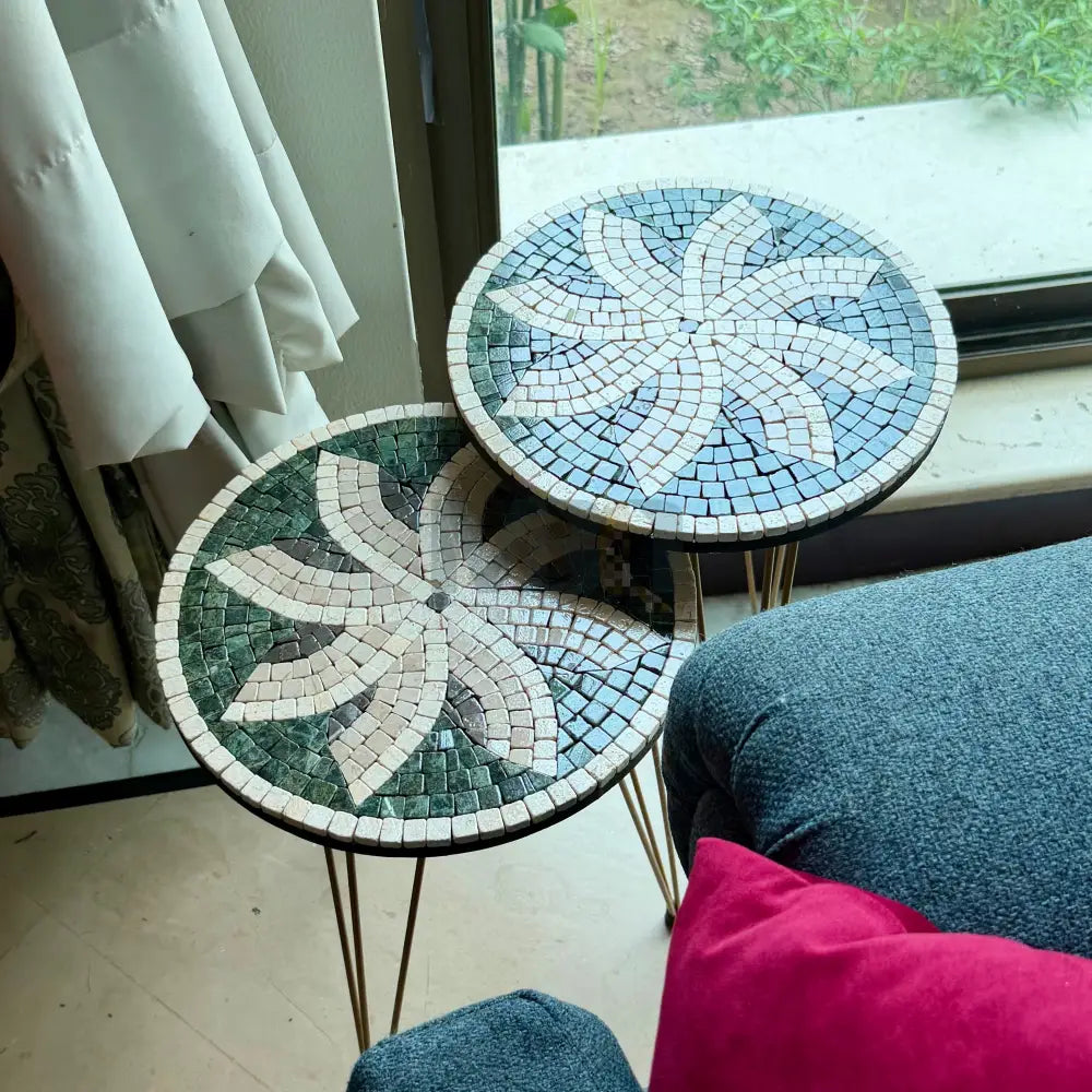 Lux Celestial Mosaic Nesting Tables with Gold Multi-Colours Motif