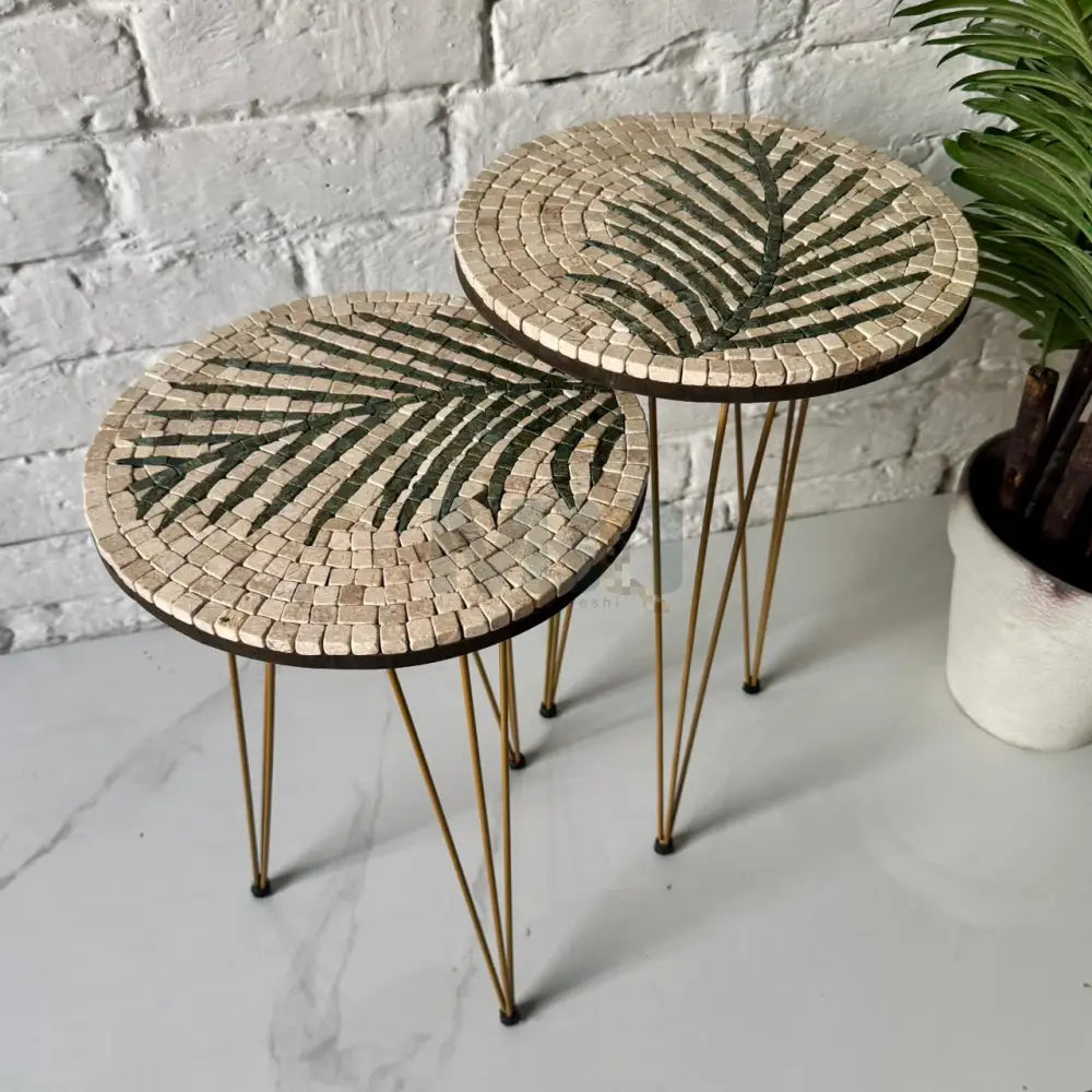 Lux Cream Mosaic Nesting Tables with Basil Palm Motif