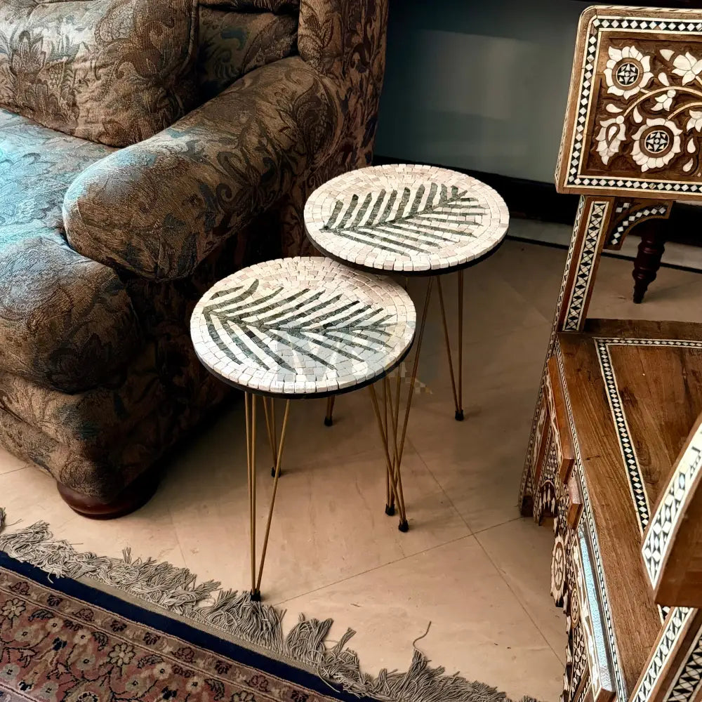 Lux Cream Mosaic Nesting Tables with Basil Palm Motif