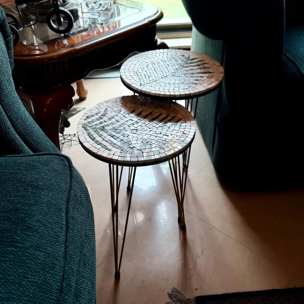 Lux Cream Mosaic Nesting Tables with Basil Palm Motif