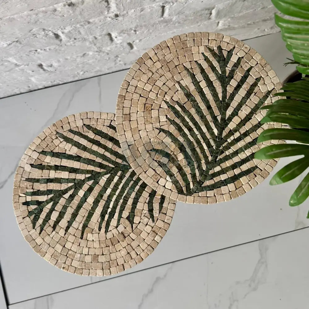 Lux Cream Mosaic Nesting Tables with Basil Palm Motif