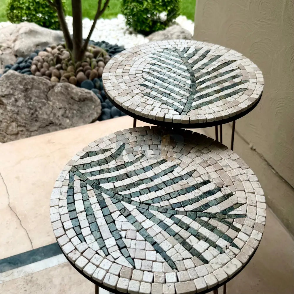 Lux Cream Mosaic Nesting Tables with Basil Palm Motif