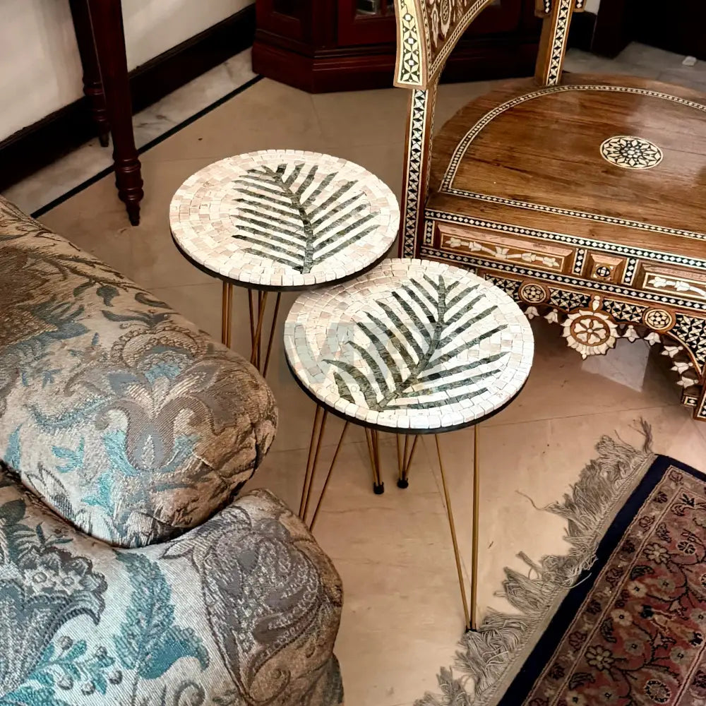 Lux Cream Mosaic Nesting Tables with Basil Palm Motif