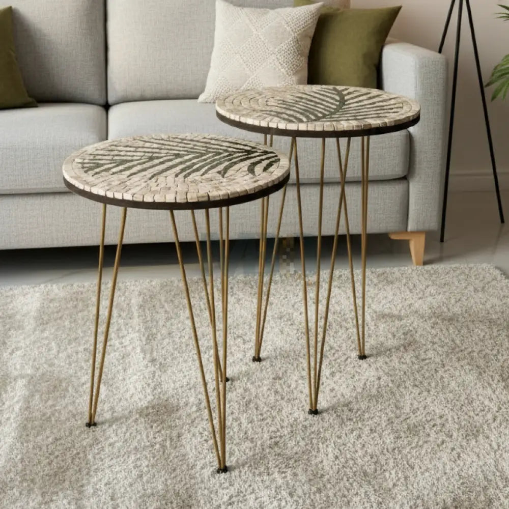 Lux Cream Mosaic Nesting Tables with Basil Palm Motif