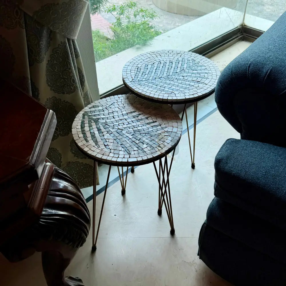 Lux Cream Mosaic Nesting Tables with Basil Palm Motif
