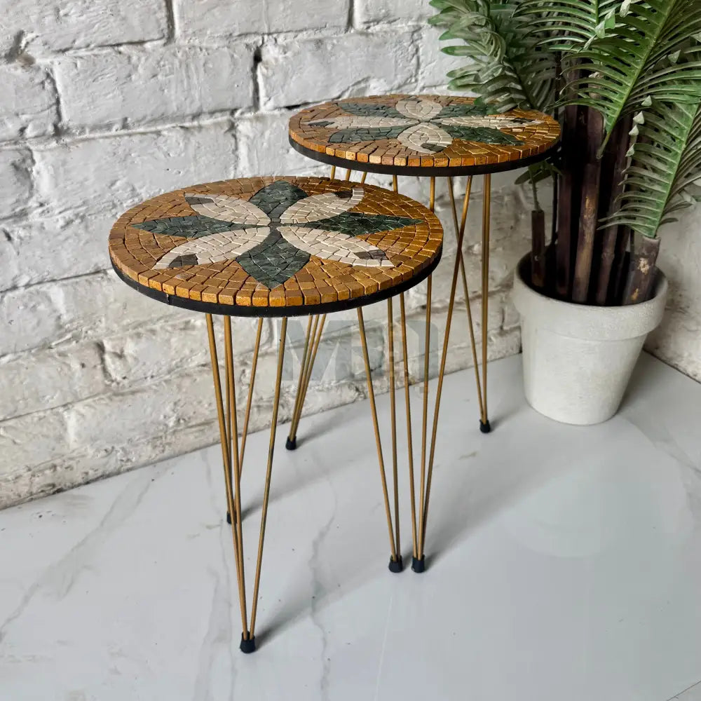 Lux Gold Floral Mosaic Nesting Tables with Cream Multi-Colours Motif