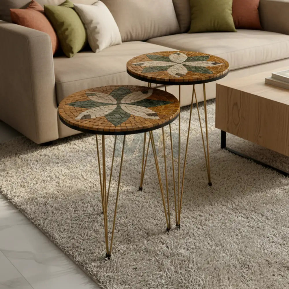 Lux Gold Floral Mosaic Nesting Tables with Cream Multi-Colours Motif