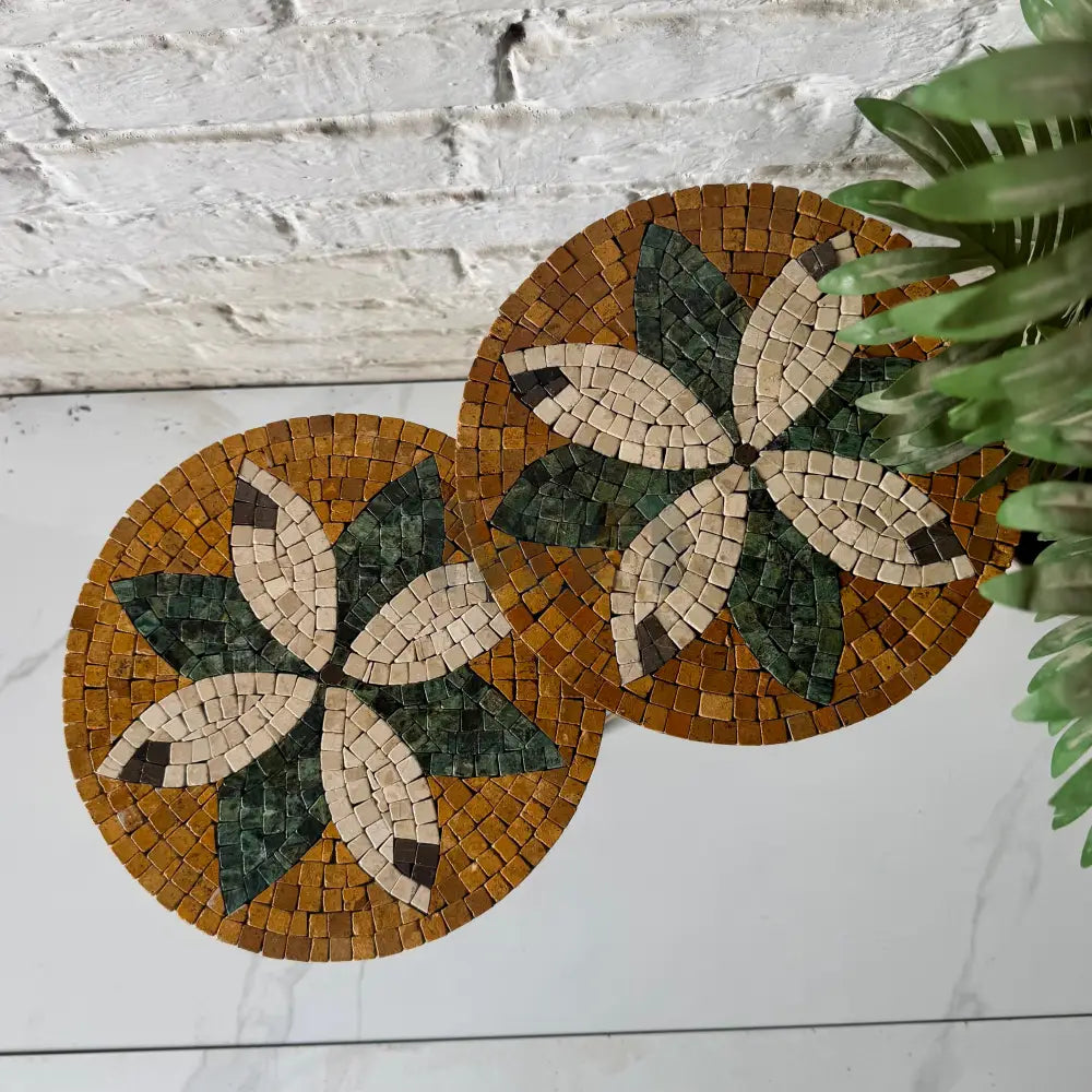 Lux Gold Floral Mosaic Nesting Tables with Cream Multi-Colours Motif