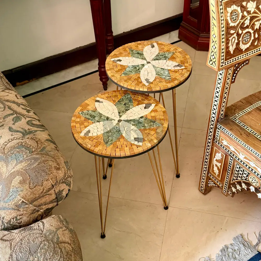 Lux Gold Floral Mosaic Nesting Tables with Cream Multi-Colours Motif