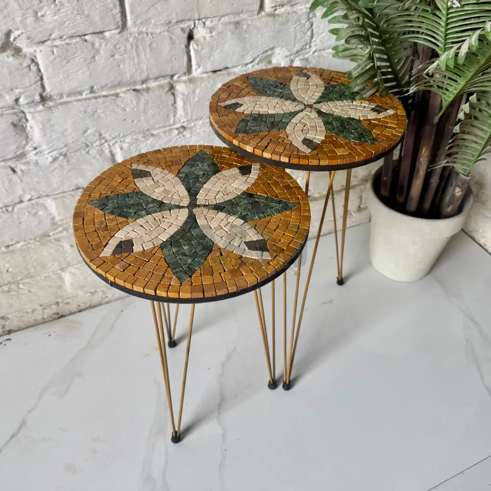 Lux Gold Floral Mosaic Nesting Tables with Cream Multi-Colours Motif