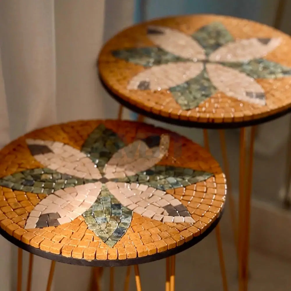 Lux Gold Floral Mosaic Nesting Tables with Cream Multi-Colours Motif