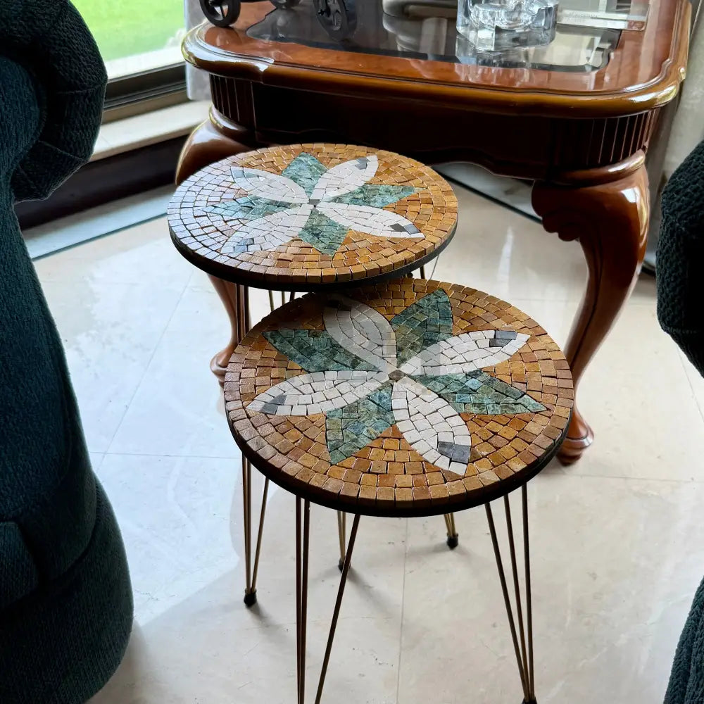 Lux Gold Floral Mosaic Nesting Tables with Cream Multi-Colours Motif