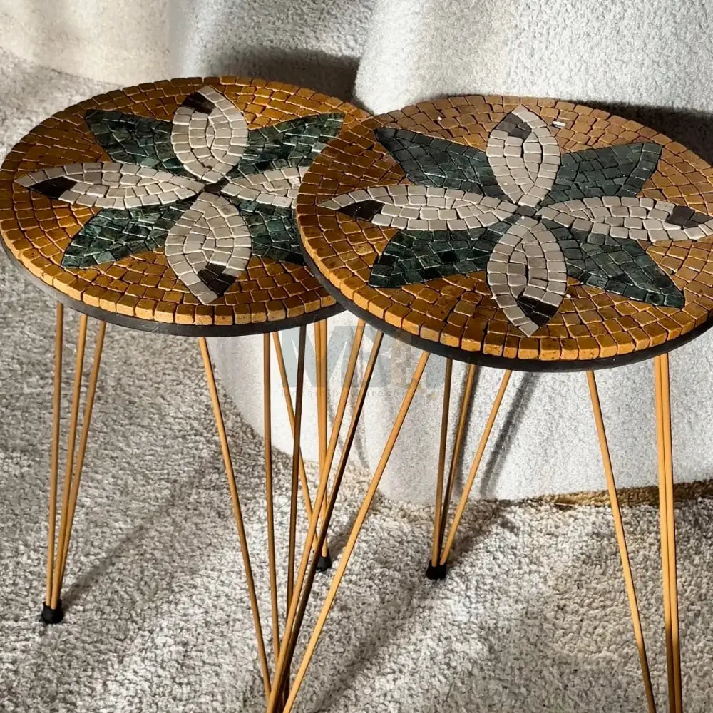 Lux Gold Floral Mosaic Nesting Tables with Cream Multi-Colours Motif