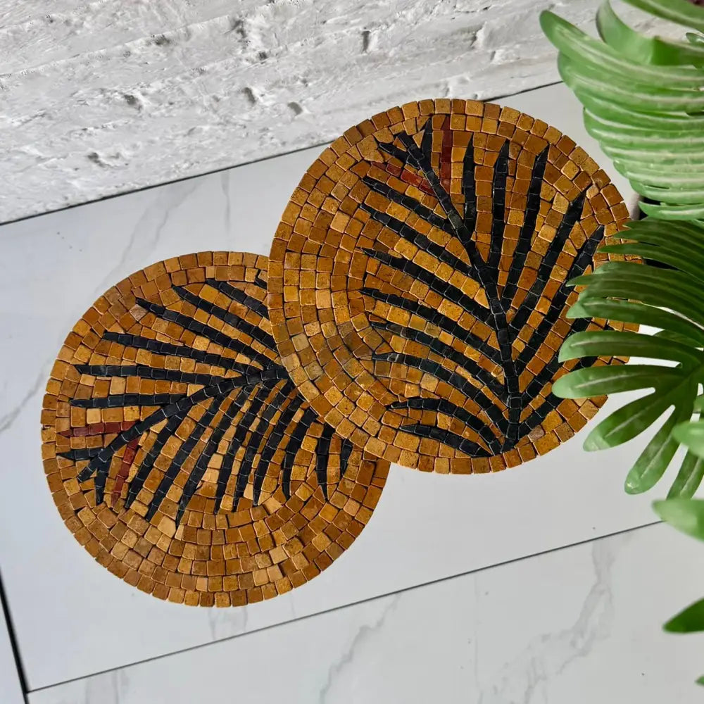 Lux Gold Mosaic Nesting Tables with Black Palm Motif