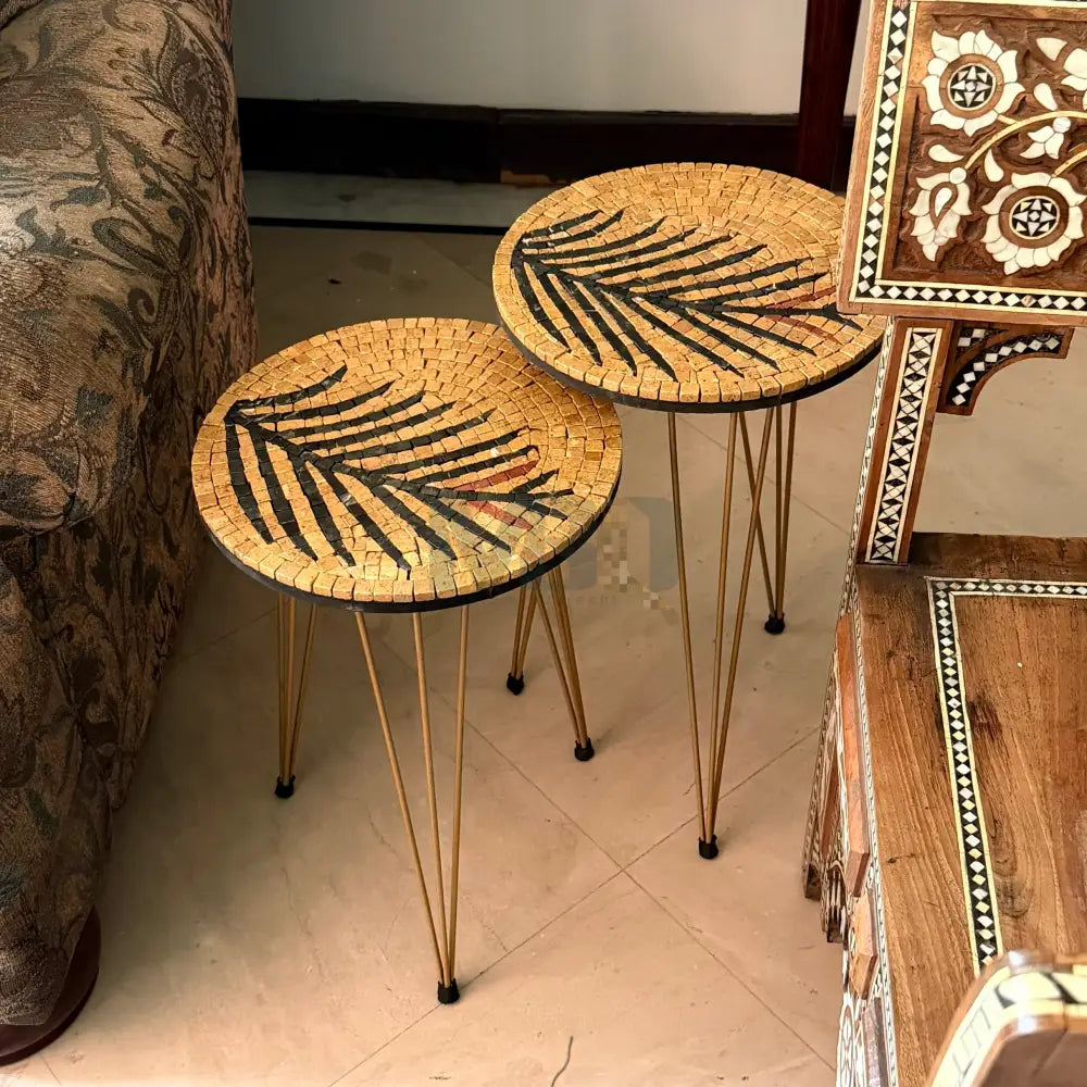 Lux Gold Mosaic Nesting Tables with Black Palm Motif