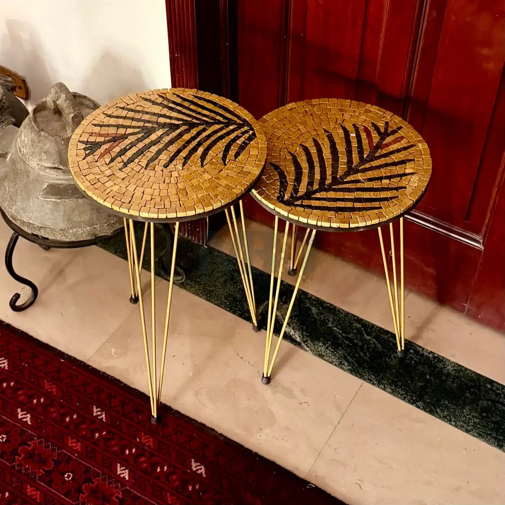 Lux Gold Mosaic Nesting Tables with Black Palm Motif