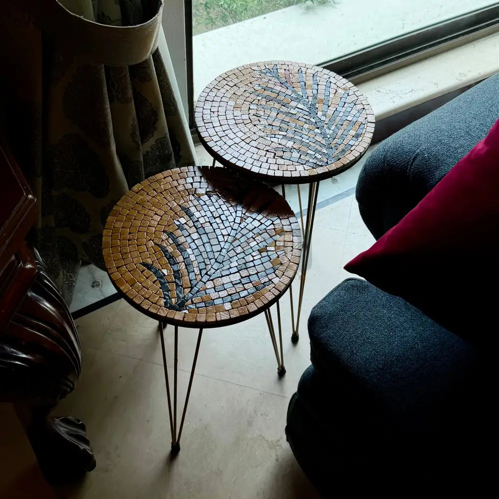 Lux Gold Mosaic Nesting Tables with Black Palm Motif