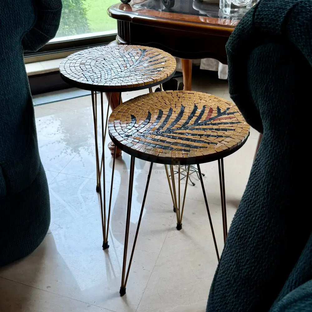 Lux Gold Mosaic Nesting Tables with Black Palm Motif