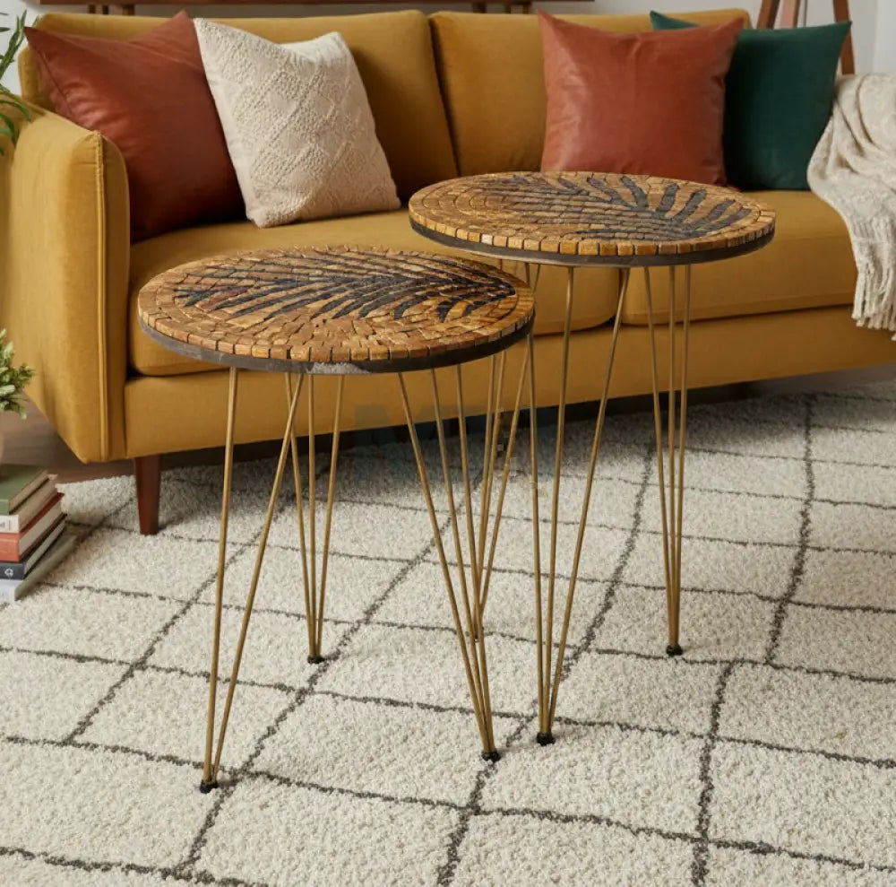 Lux Gold Mosaic Nesting Tables with Black Palm Motif