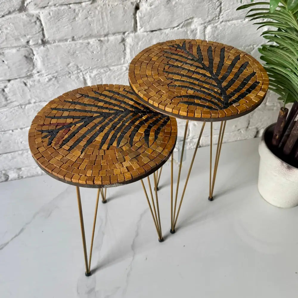 Lux Gold Mosaic Nesting Tables with Black Palm Motif