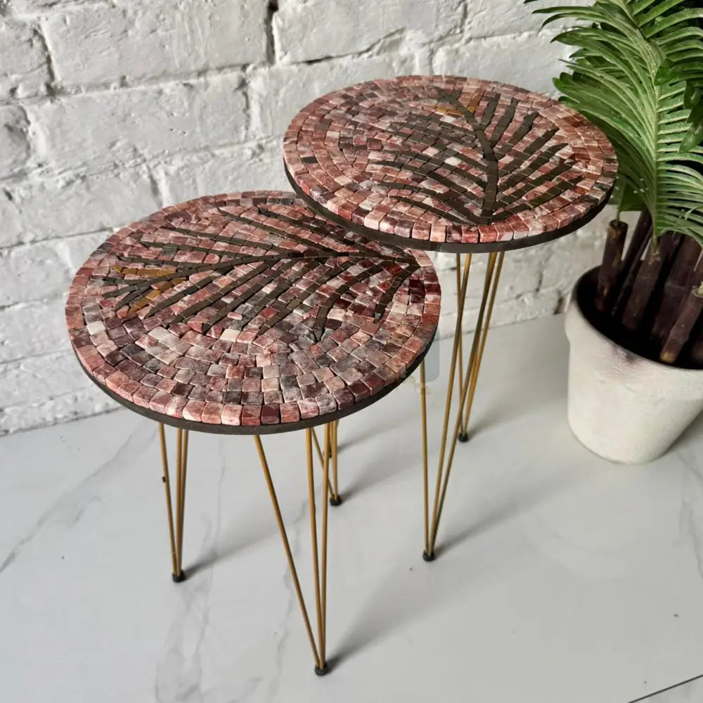 Lux Rose Mosaic Nesting Tables with Coffee Palm Motif