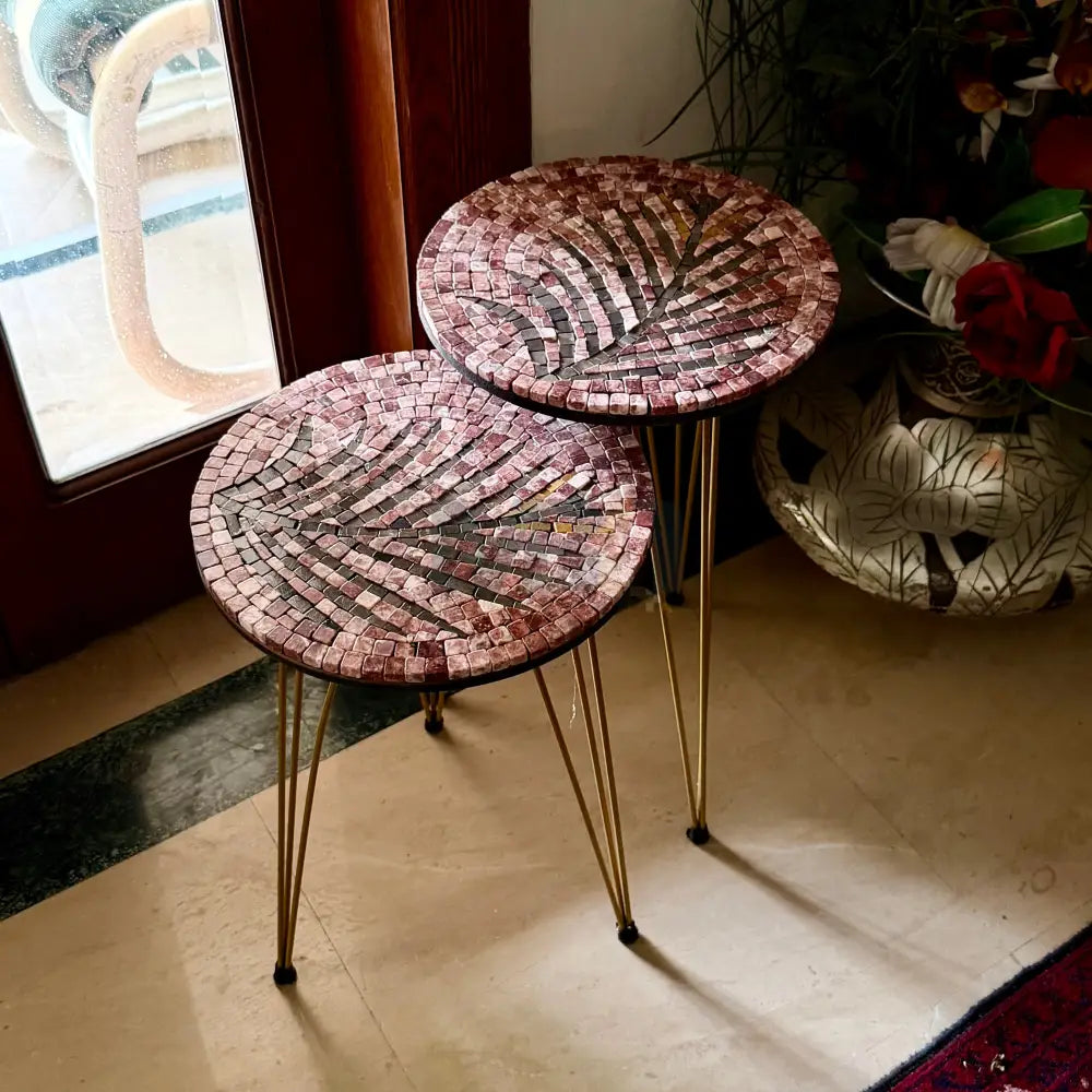 Lux Rose Mosaic Nesting Tables with Coffee Palm Motif