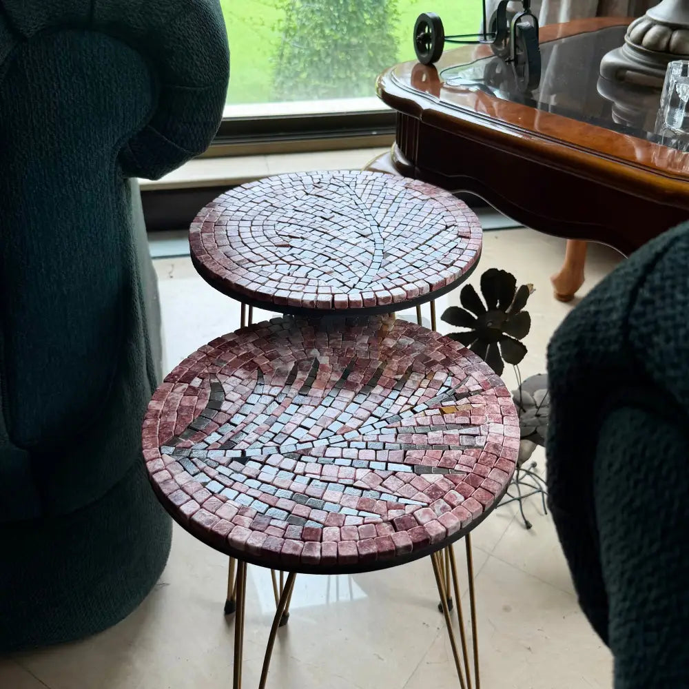 Lux Rose Mosaic Nesting Tables with Coffee Palm Motif