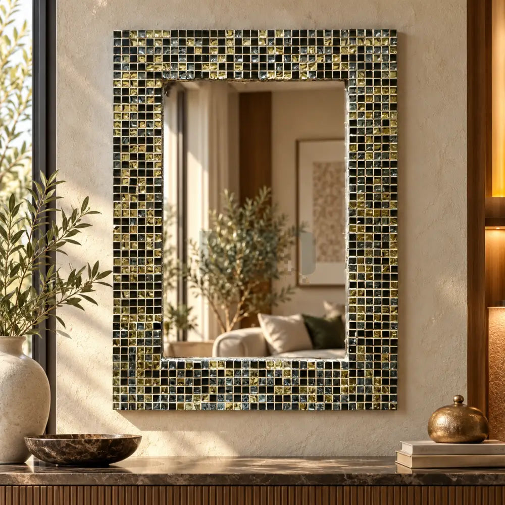 Luxura Glass Mosaic Mirror with Golden Accents Antique Home Decor for Luxury Homes - 32’’x24” - Wall Hangings