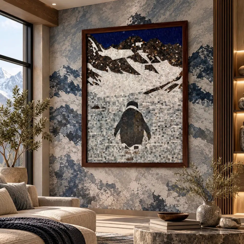 Mosaic Penguin Story Artwork – Handcrafted Decorative Wall Art - 42’’ x 32’’