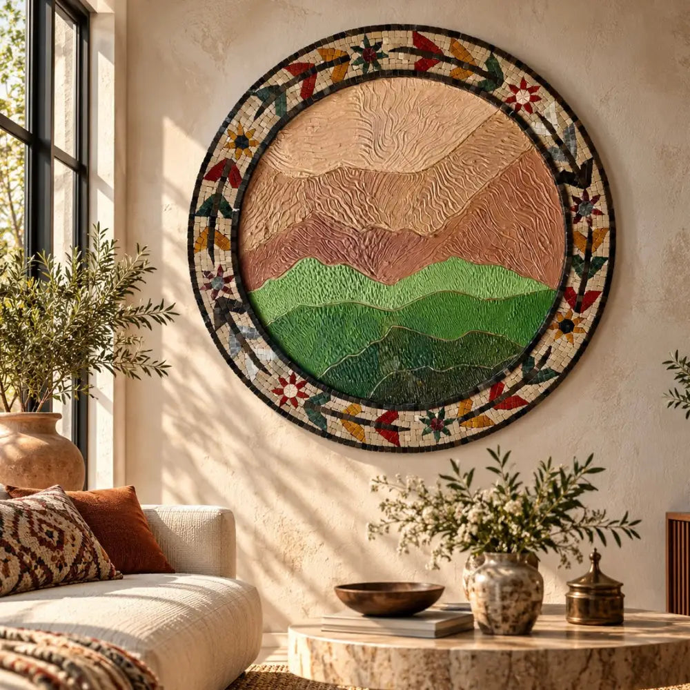 Mountain Serenity: Handcrafted Mosaic & Textured Wall Art - 36”x36”