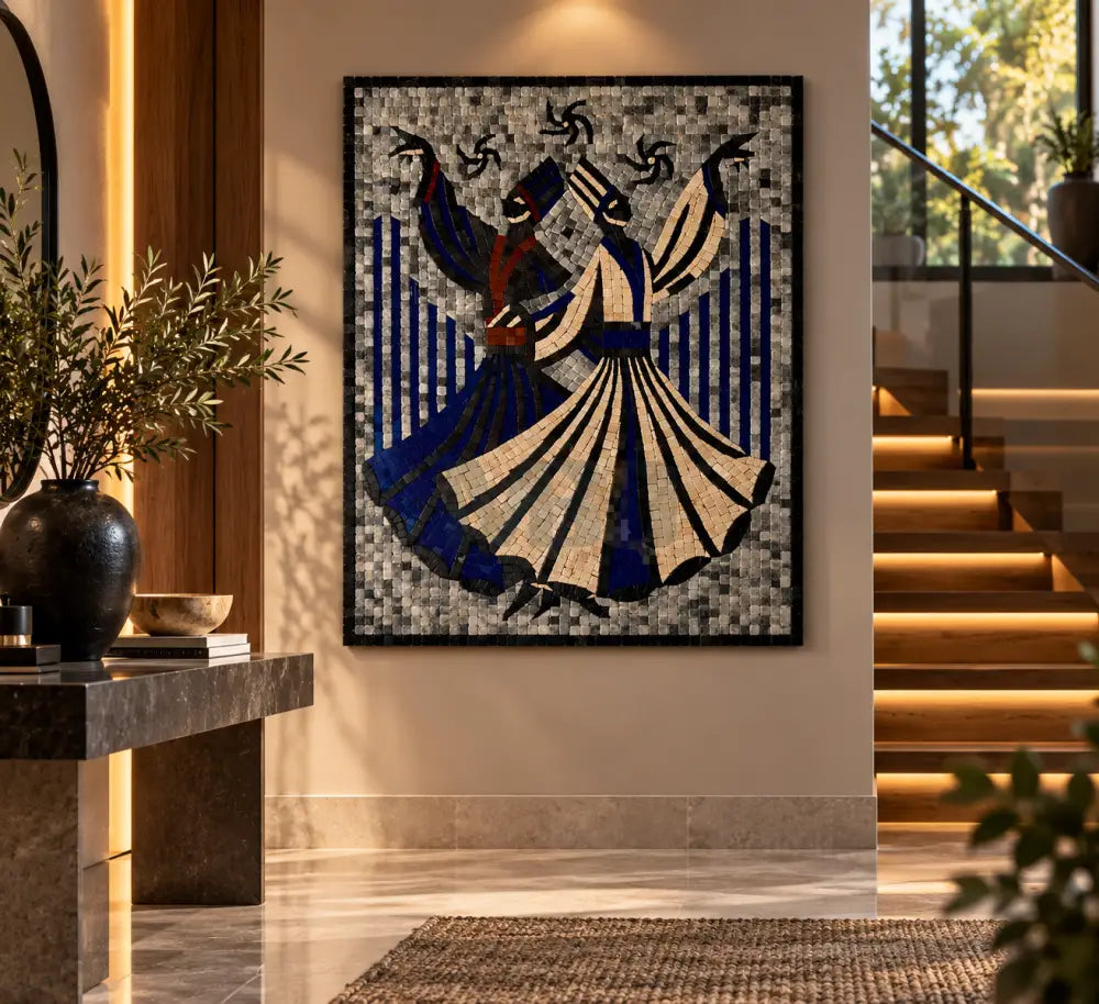 Mystic Whirl – Premium Stone Mosaic Sufi Wall Art for Antique Home Decor - 32”x24”