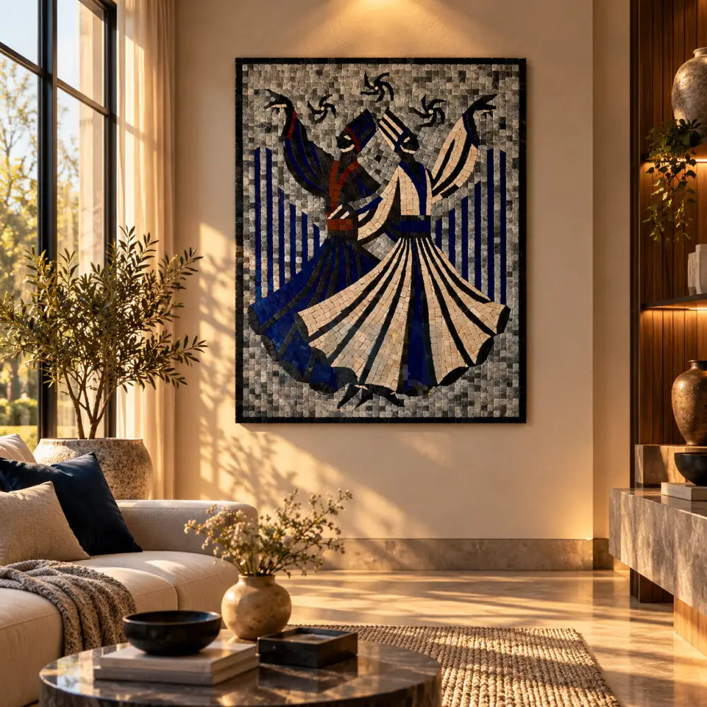 Mystic Whirl – Premium Stone Mosaic Sufi Wall Art for Antique Home Decor - 32”x24”