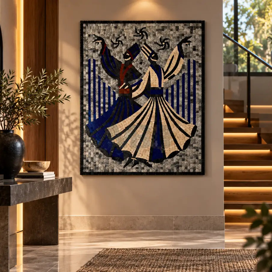 Mystic Whirl – Premium Stone Mosaic Sufi Wall Art for Antique Home Decor - 32”x24”