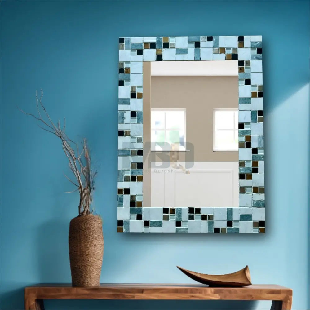 Ocean Mist Mosaic- Handcrafted Marble Mosaic Mirror for Luxury Bungalow 32’’x24’’ Wall Hangings