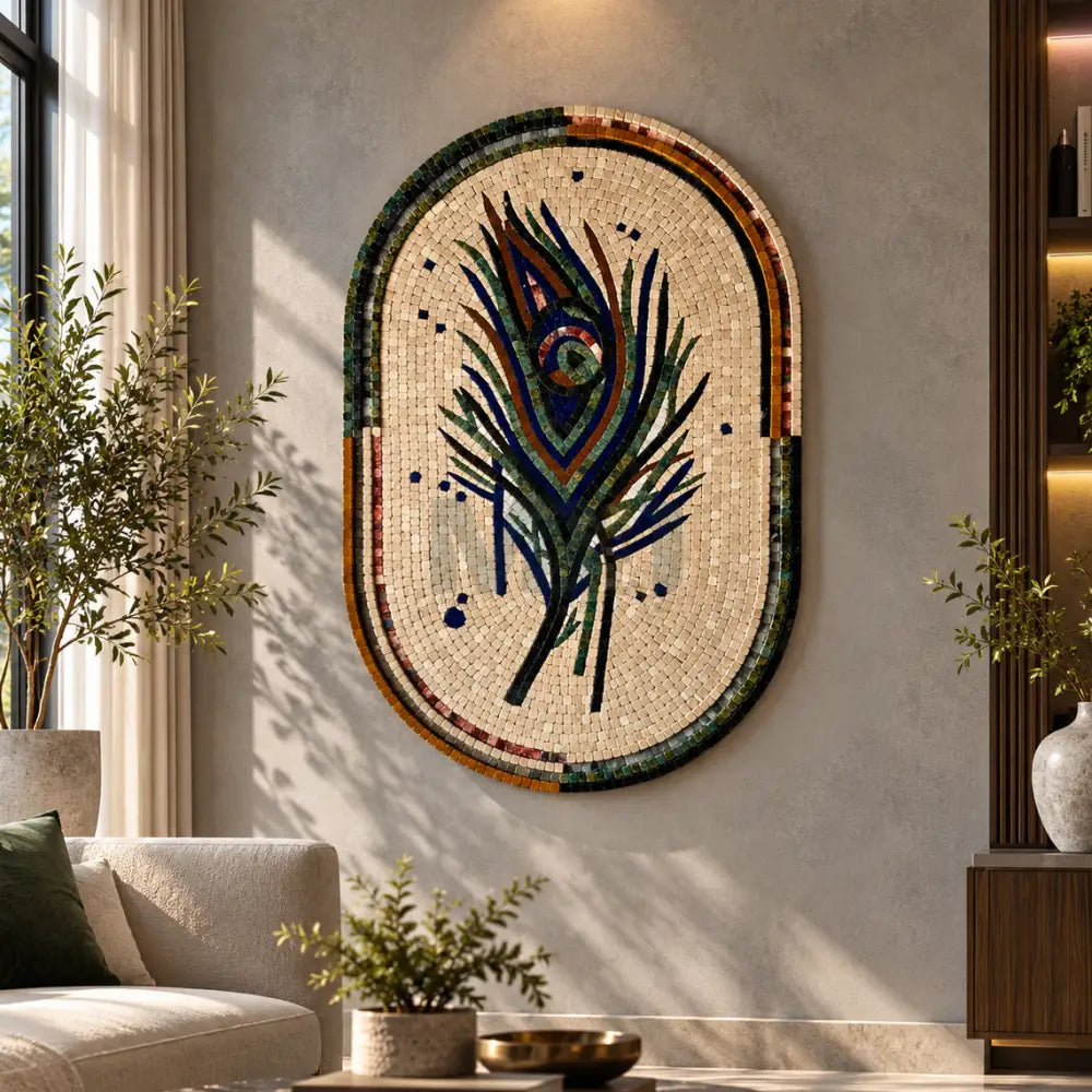 Oval Peacock Mosaic Wall Hanging – Handcrafted Mosaic Wall Art with Vibrant Detailing - Wall Hangings