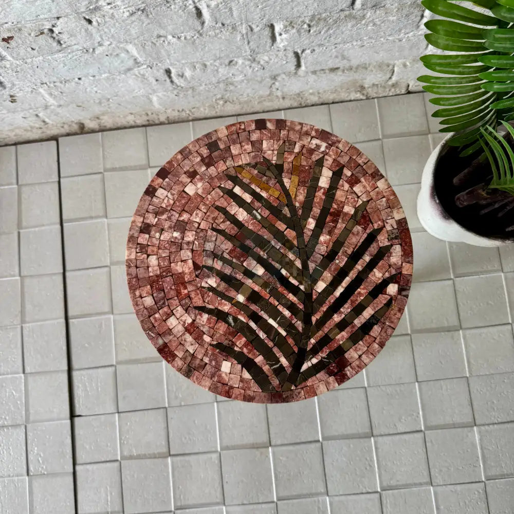 Palm Leaf Mosaic Stool – Affordable Artisan Statement for Economy Home Decor 13’’x13’ Top - 19’’ Height