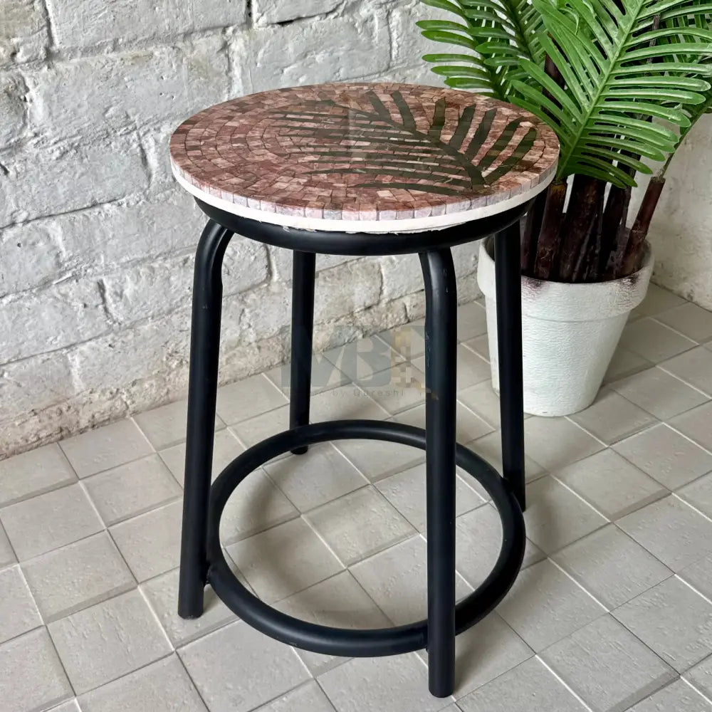 Palm Leaf Mosaic Stool – Affordable Artisan Statement for Economy Home Decor 13’’x13’ Top - 19’’ Height