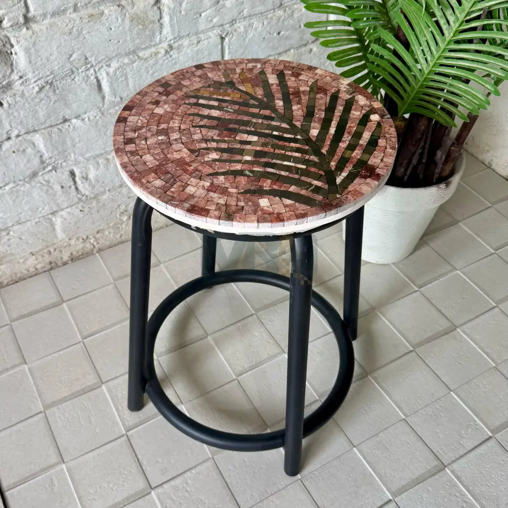 Palm Leaf Mosaic Stool – Affordable Artisan Statement for Economy Home Decor 13’’x13’ Top - 19’’ Height